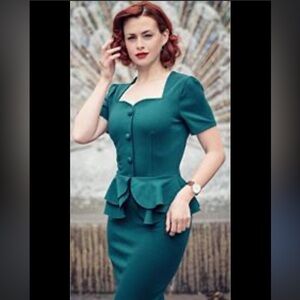 Aisize Brand Women’s 1940 Vintage Retro Pinup Peplum Style Dress in Green